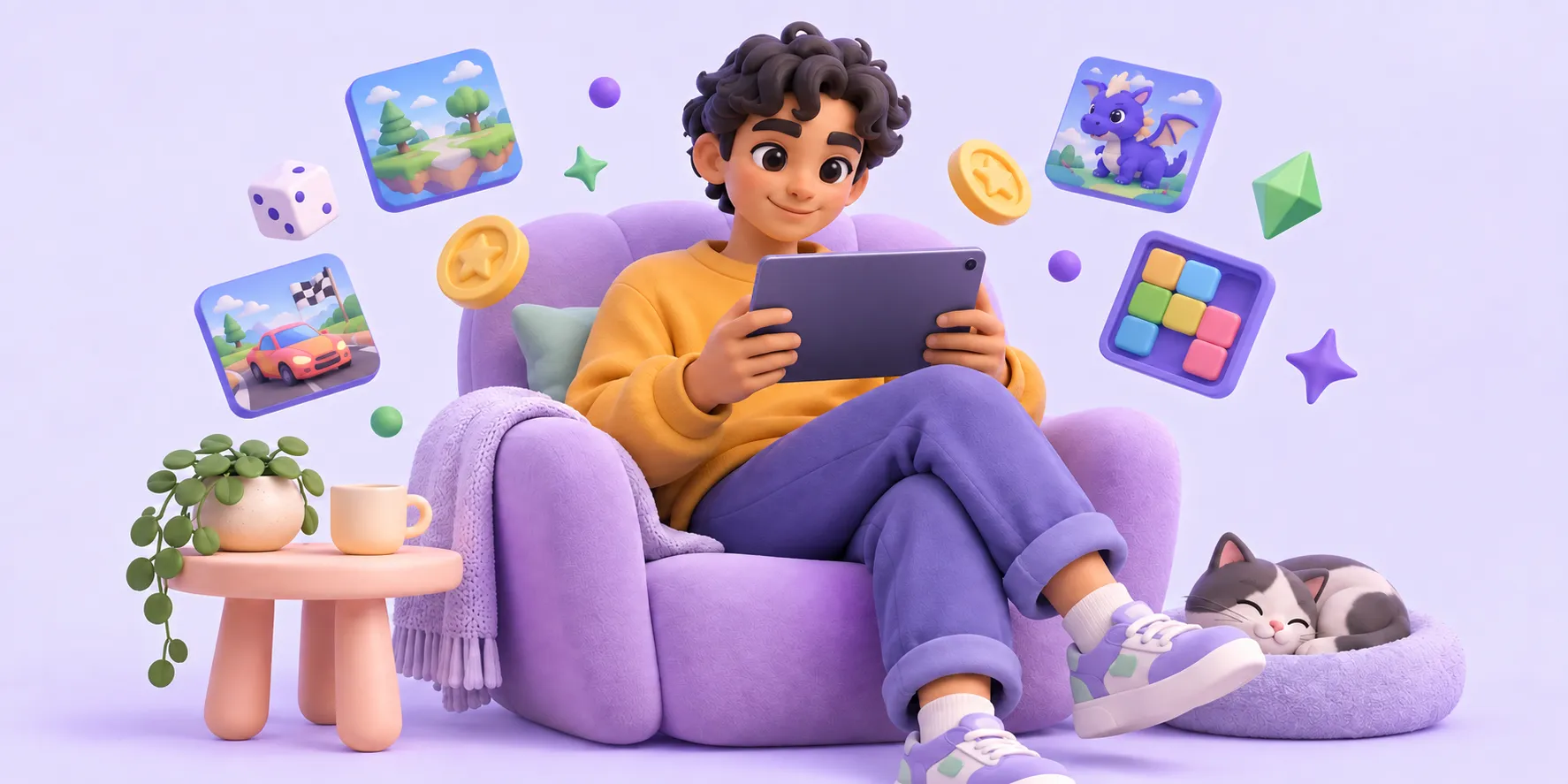 AI-generated illustration of a fictional young adult relaxing with a tablet