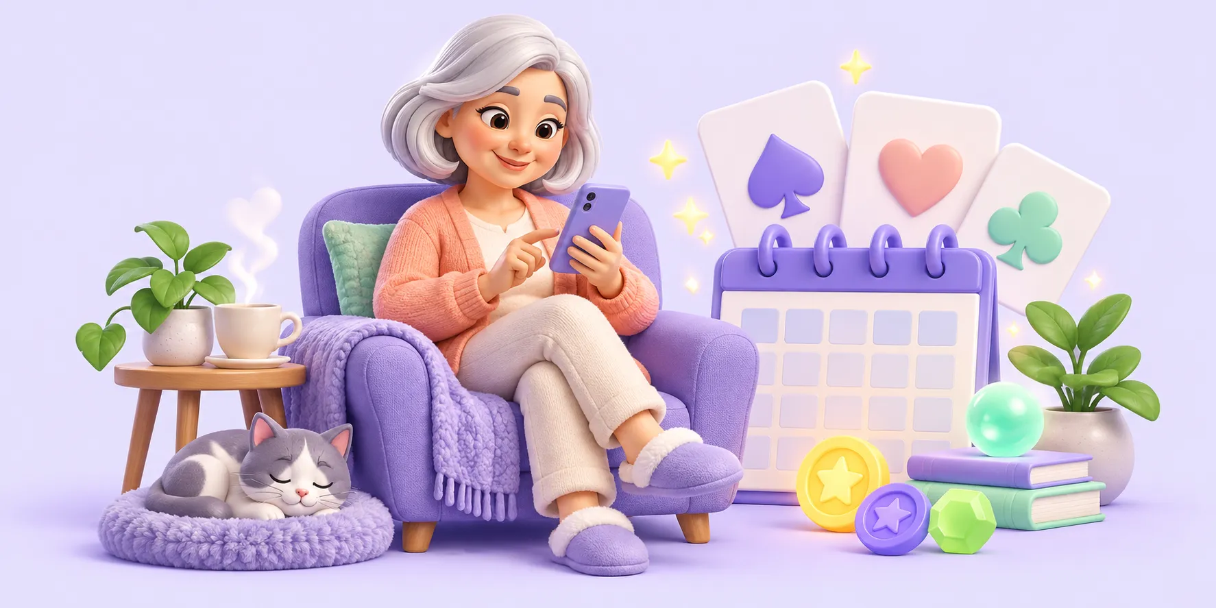 AI-generated illustration of a fictional senior woman playing on a smartphone
