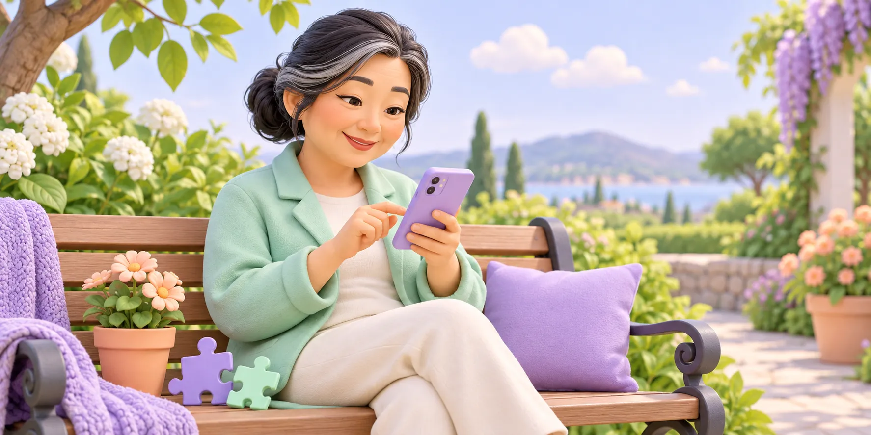 AI-generated illustration of a fictional middle-aged woman playing on a smartphone on a garden bench