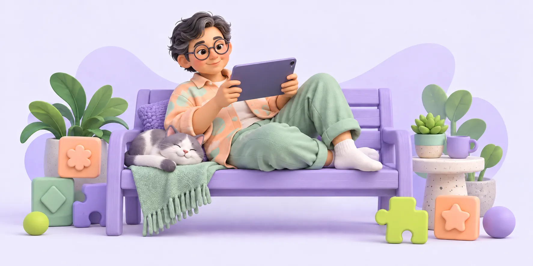 AI-generated illustration of a fictional middle-aged person with an androgynous appearance playing on a tablet