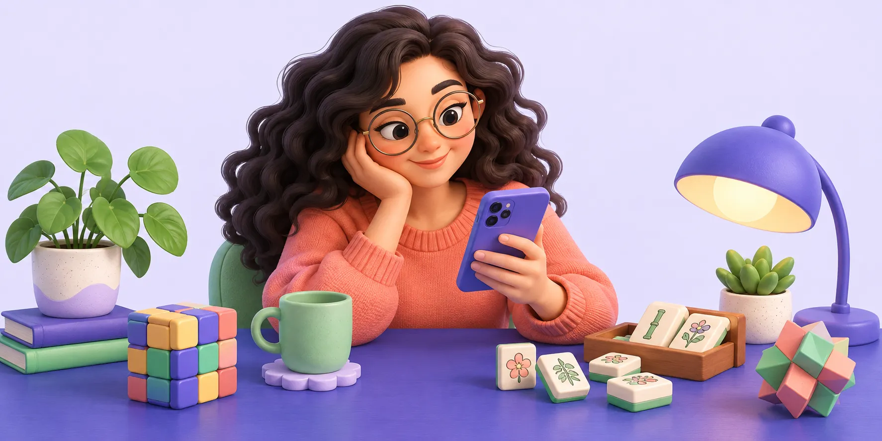 AI-generated illustration of a fictional adult woman playing puzzle games on a smartphone at a desk