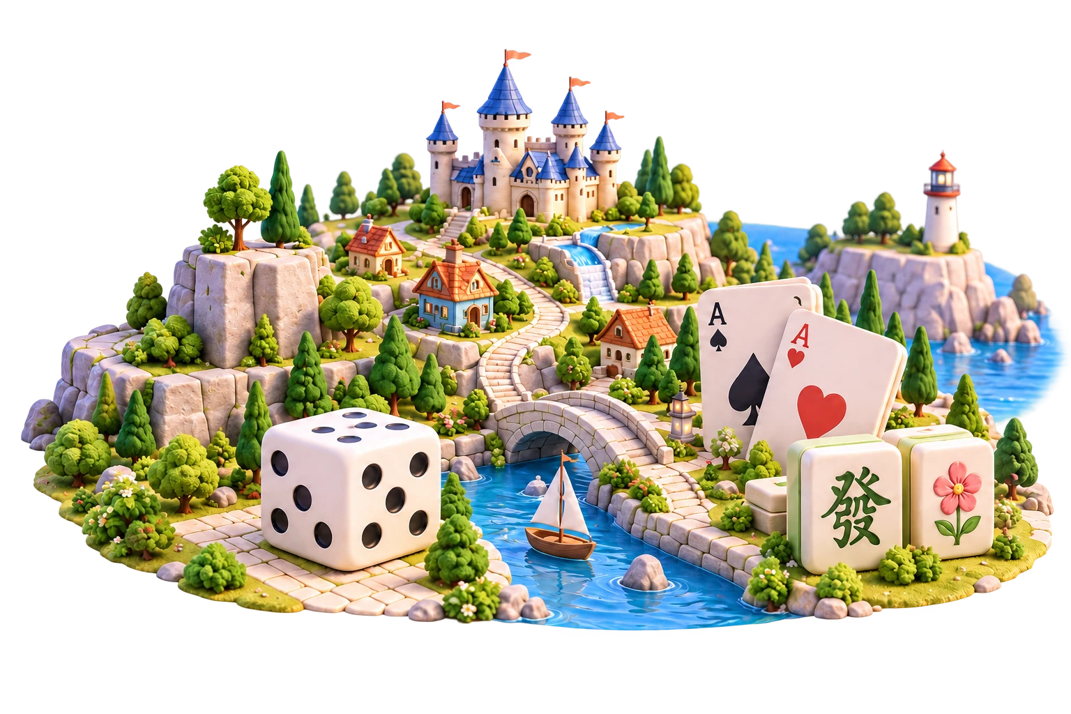 A miniature island with a board-game village, playing cards and mahjong tiles