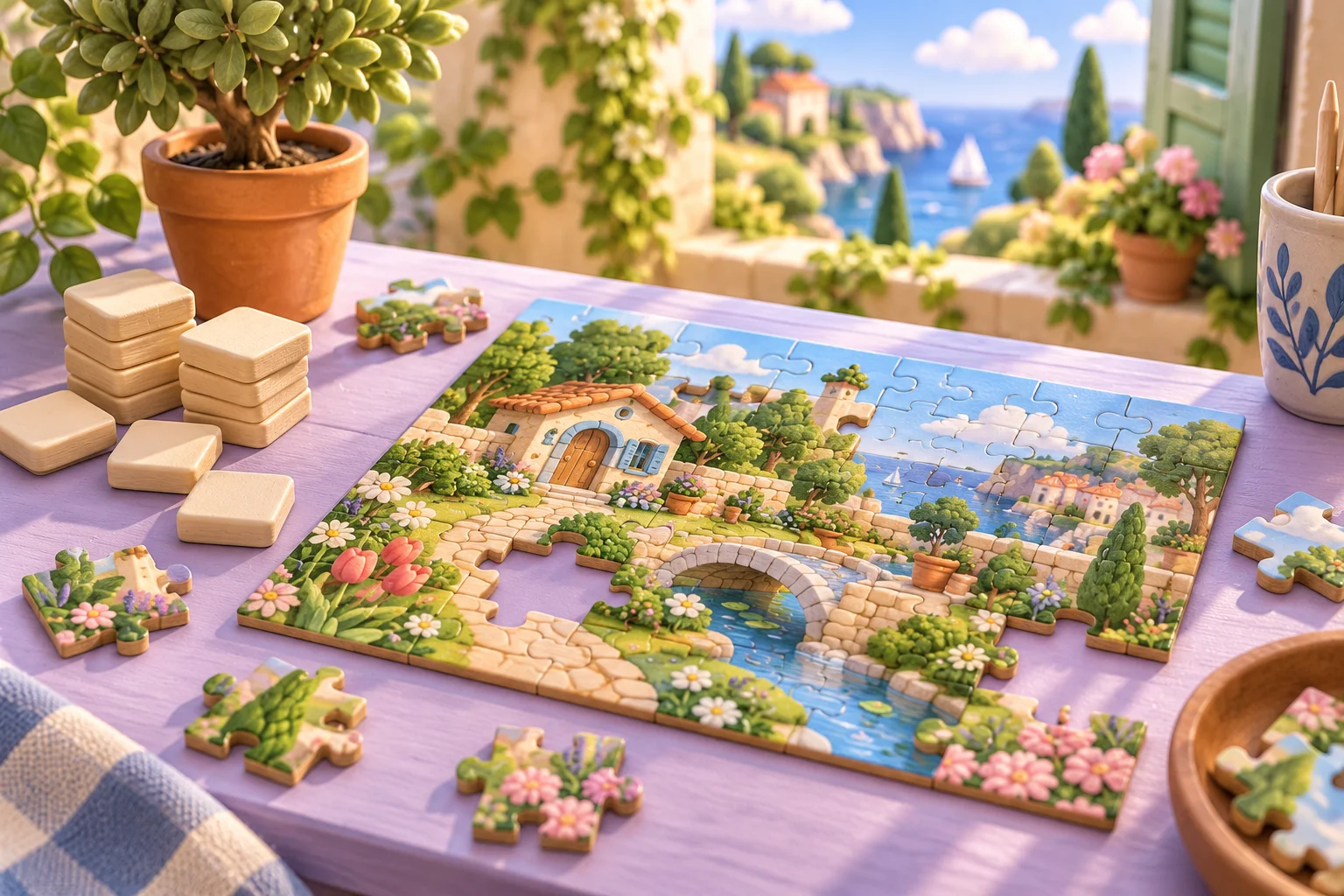 Editorial illustration of a colorful garden jigsaw and blank wooden tiles