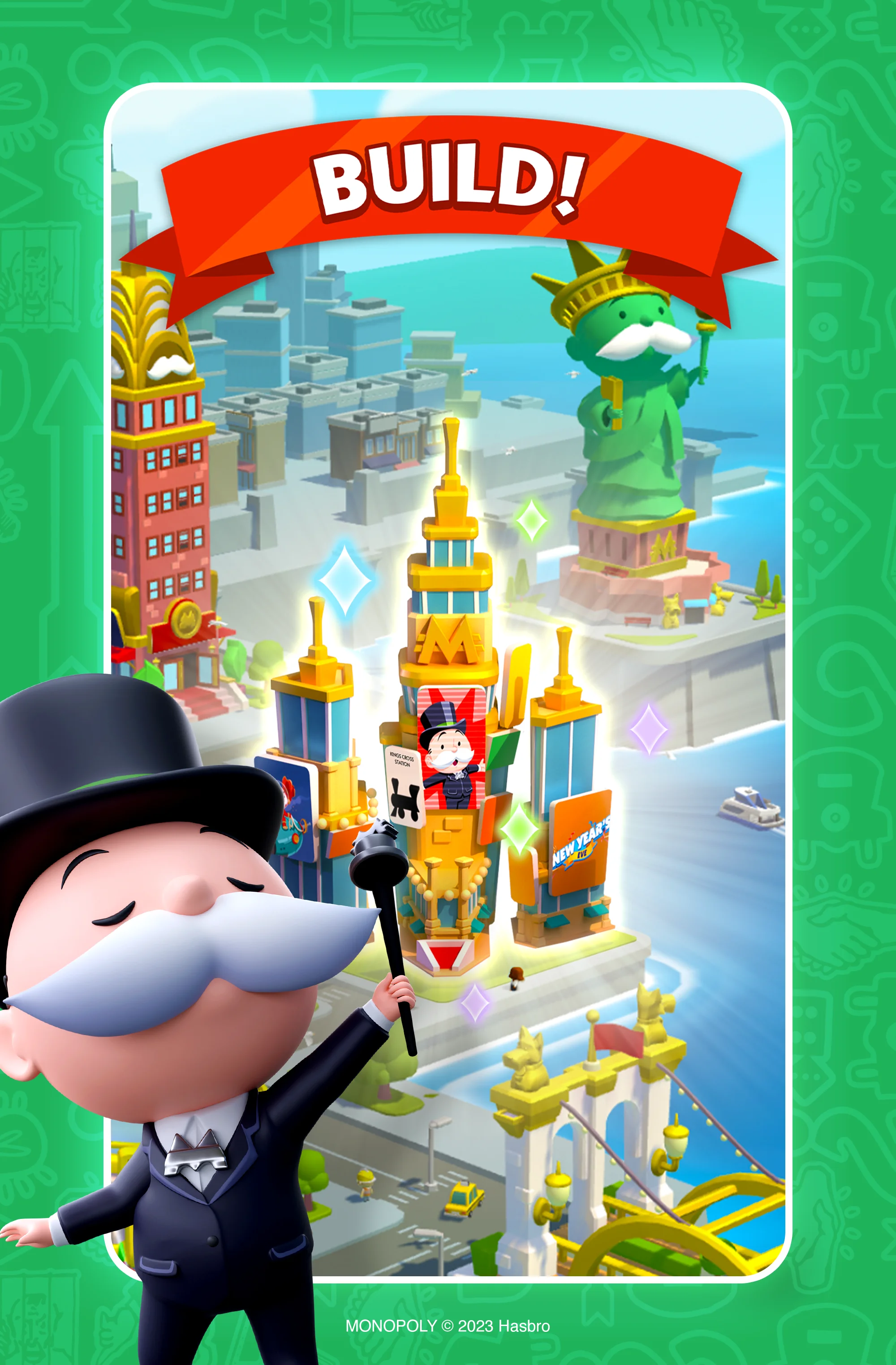 MONOPOLY GO official Scopely promotional screenshot: Build and upgrade landmarks