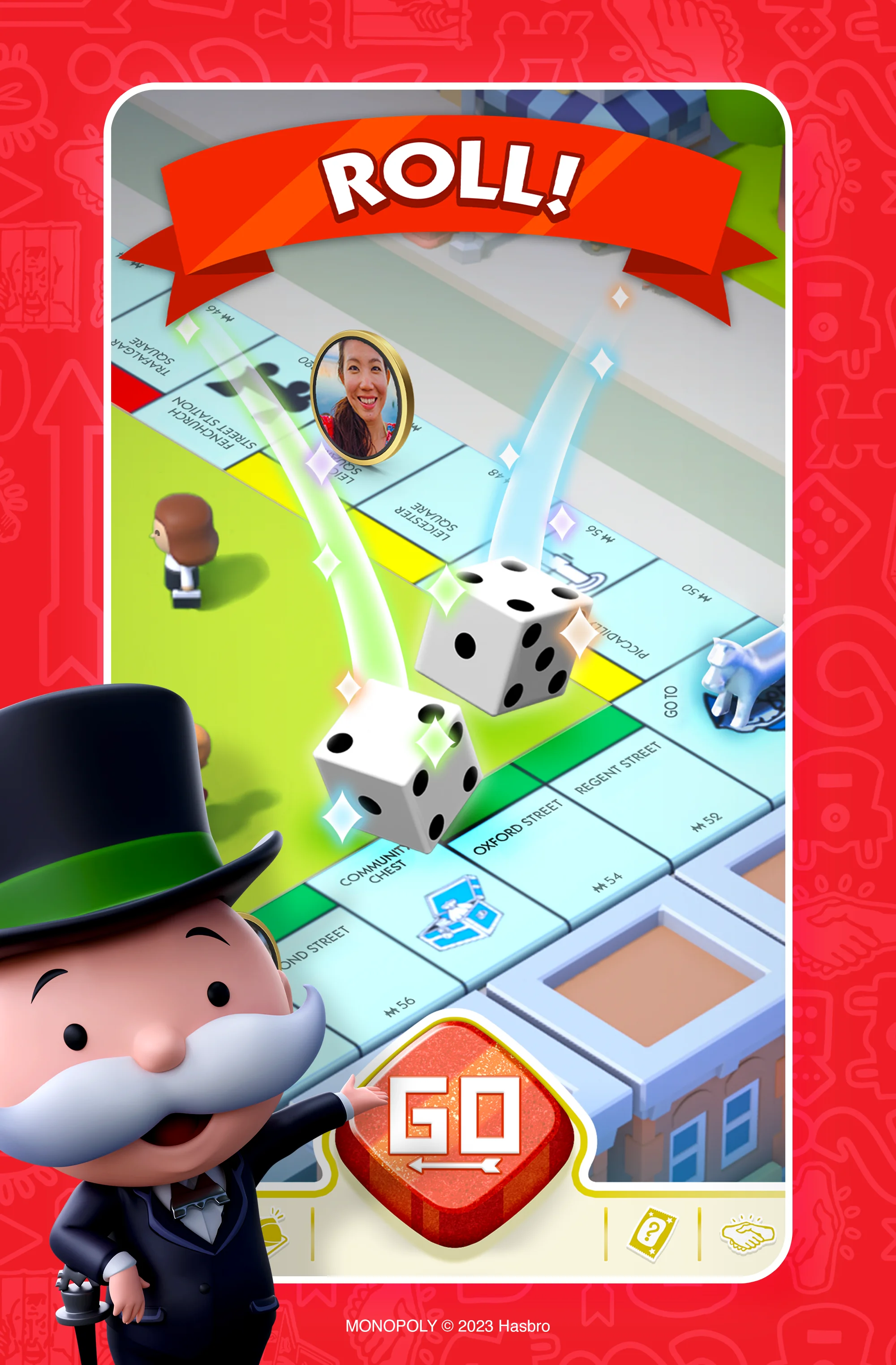 MONOPOLY GO official Scopely promotional screenshot: Roll dice and move around the board