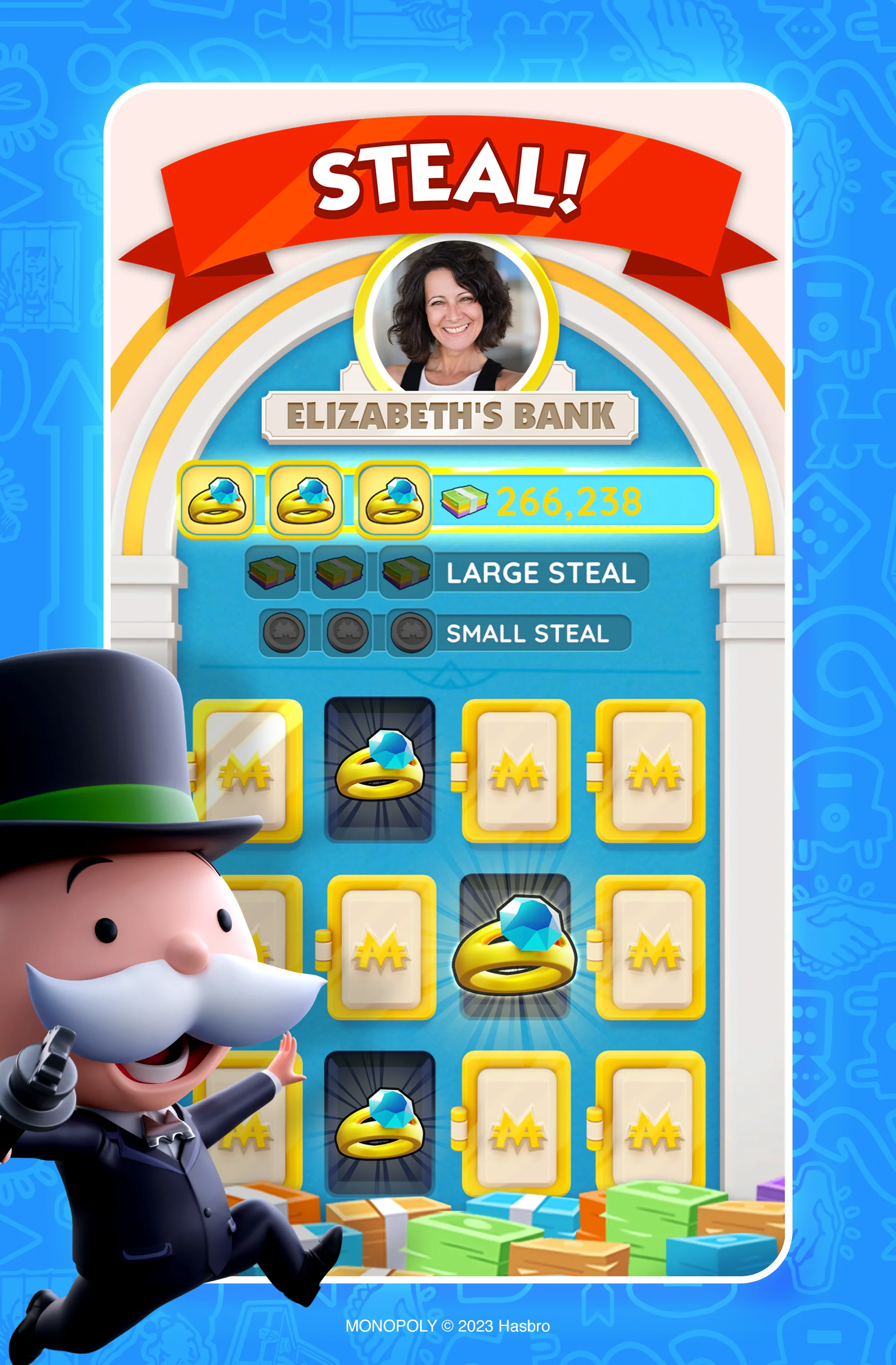 MONOPOLY GO official Scopely promotional screenshot: Bank heists and cash rewards
