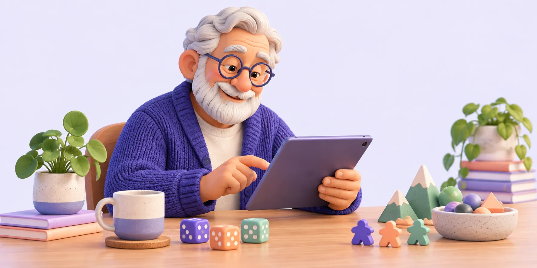 AI-generated illustration of a fictional senior man playing a tablet game