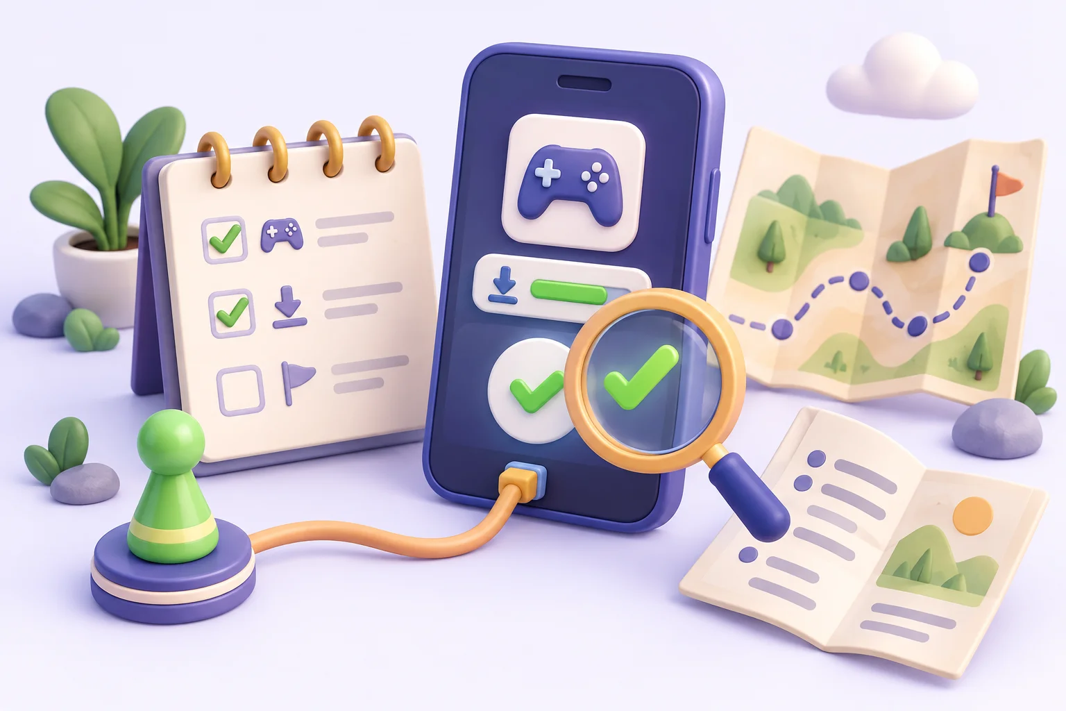Editorial illustration of a phone, an installation checklist and a magnifying glass over a tracking checkmark