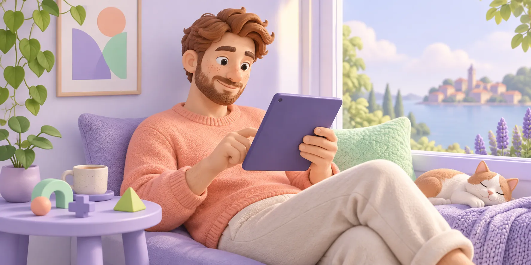 AI-generated illustration of a fictional young adult man playing on a tablet beside a window